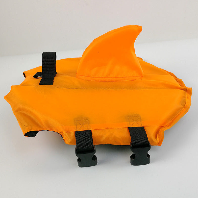 Orange shark vest product side view with fin