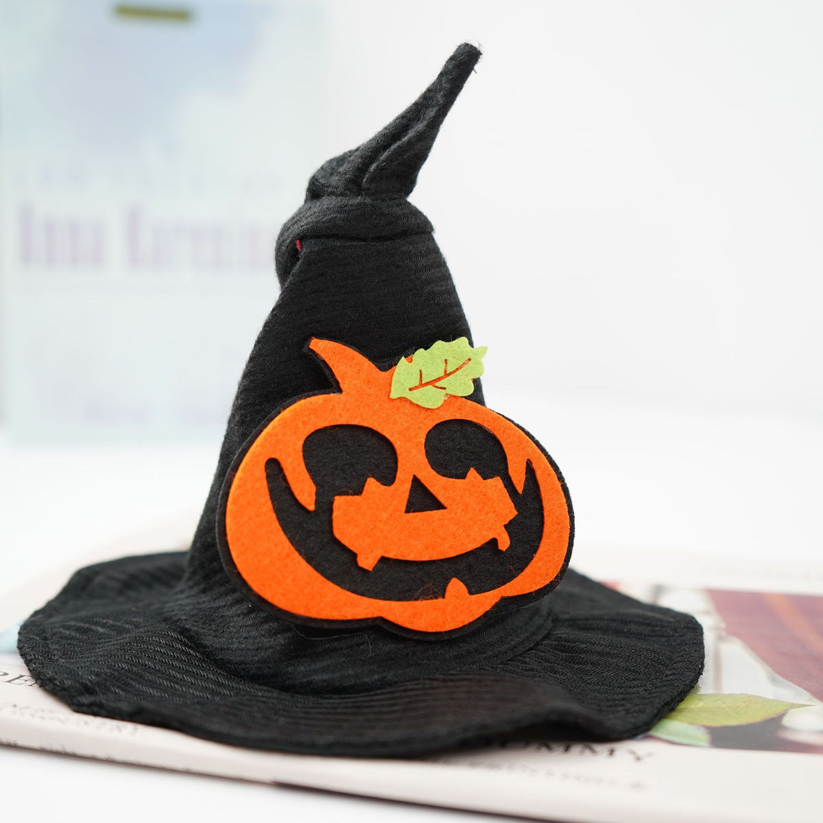 Black pet witch hat with pumpkin applique