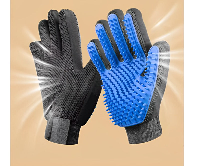Furly deshedding glove pair — mesh back and blue silicone grooming palm