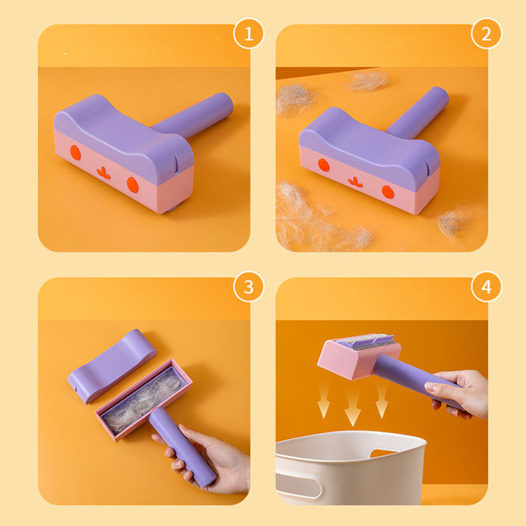 Step-by-step guide showing how to roll the Furly Fur Roller back and forth to collect pet hair