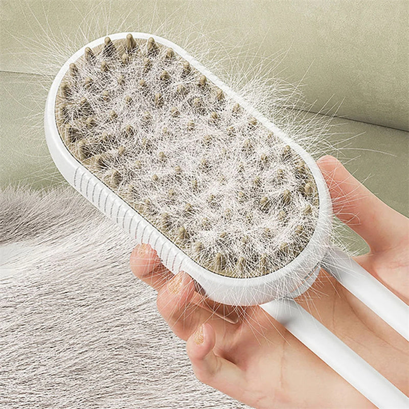 Furly Steam Brush with collected pet fur showing grooming results